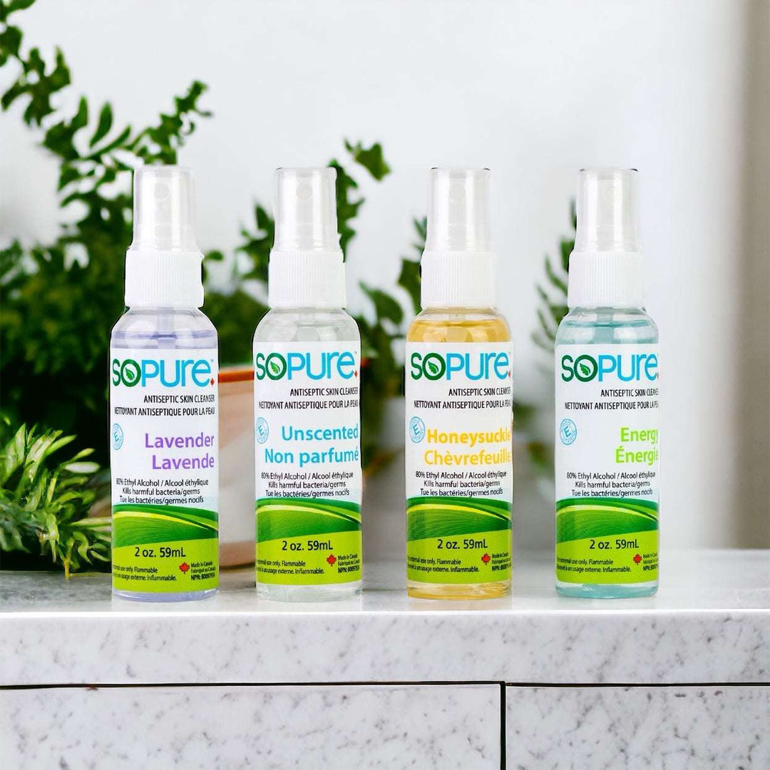 Scented and Unscented Hand Sanitizer Spray Bulk of 4X59 mL - Lavender, Fresh, Honeysuckle Sanitizing Sprays - SoPure Products