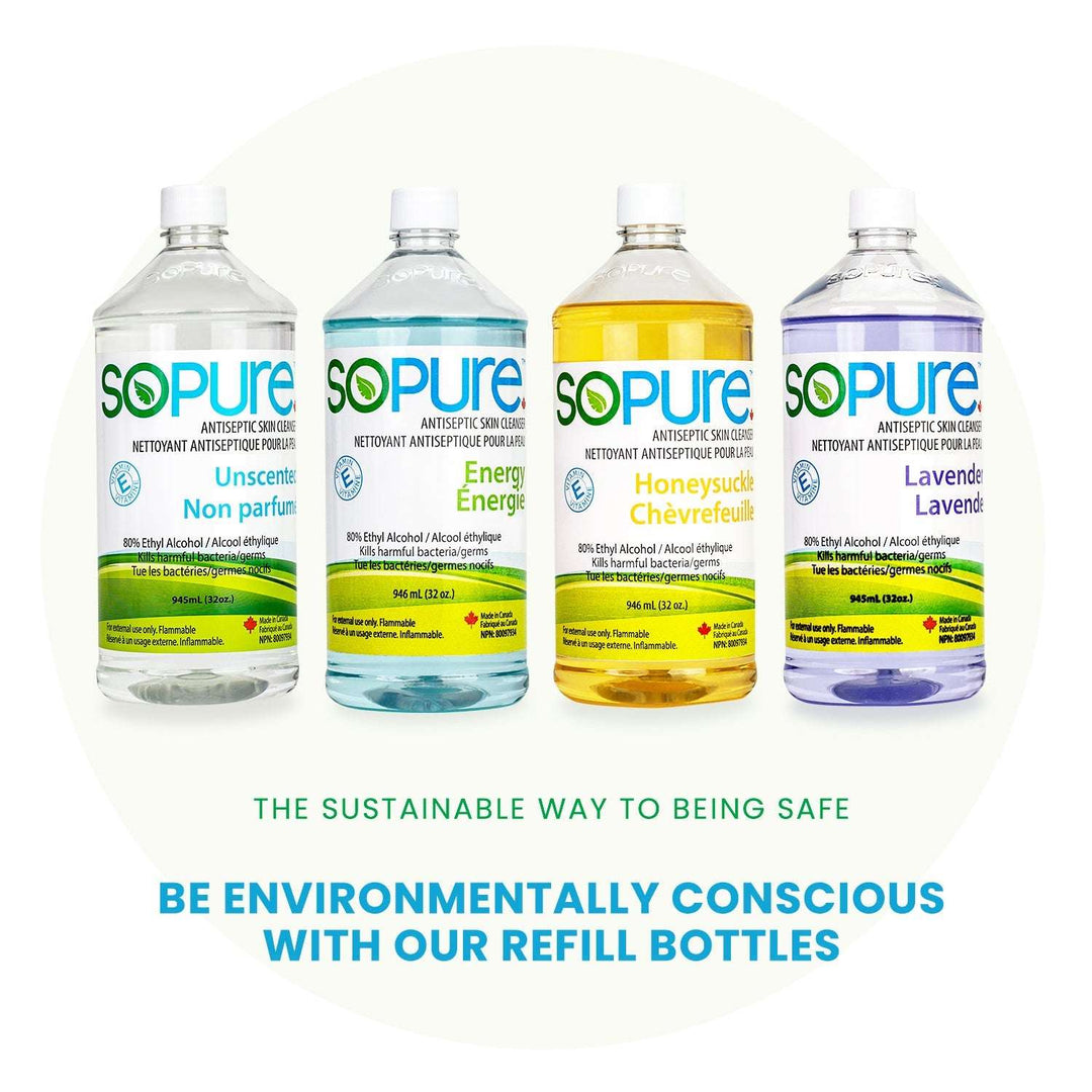 SoPure Sanitizer Refill Bottles 945 mL, 80% USP Grade Ethyl Alcohol: High-Efficiency, Gentle Care - SoPure Products