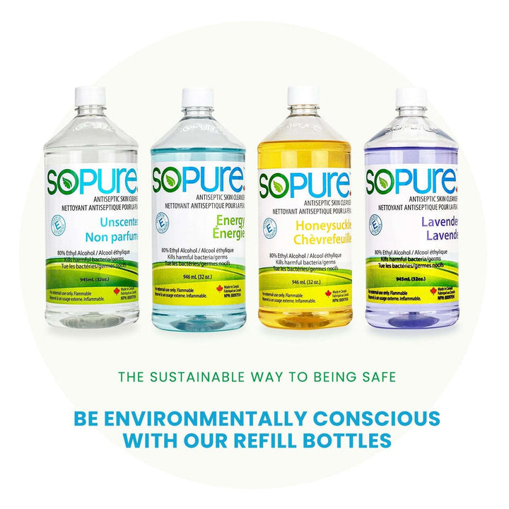 SoPure Sanitizer Refill Bottles 945 mL, 80% USP Grade Ethyl Alcohol: High-Efficiency, Gentle Care - SoPure Products